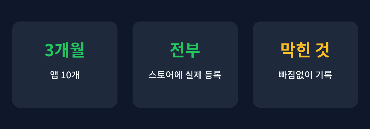 목표: 3개월 앱 10개, 전부 스토어 등록, 막힌 것 기록