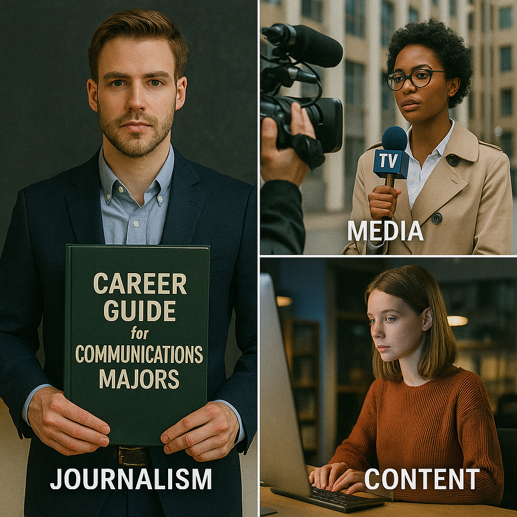 언론정보학과 진출 분야를 보여주는 이미지로, 기자는 커리어 가이드를 들고 있고, 미디어 분야 여성은 리포팅 중이며, 콘텐츠 제작자는 컴퓨터 앞에서 작업 중이다