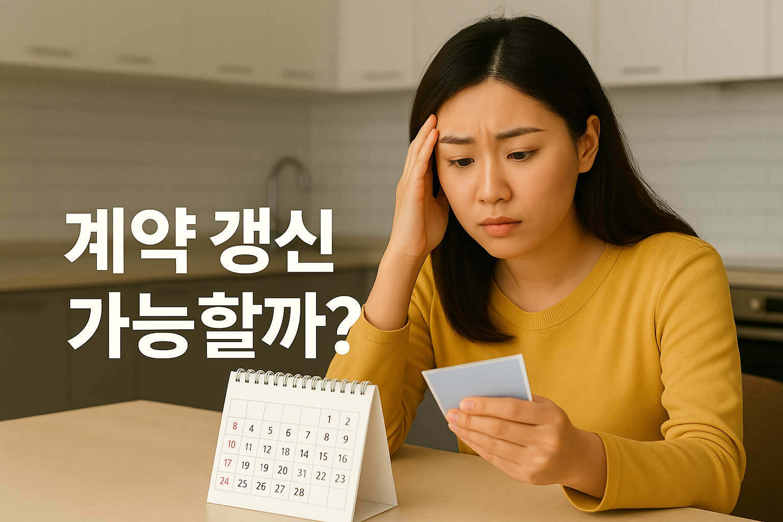 전체 계약 갱신 청구권 사용 여부를 고민하며 달력을 바라보는 여성의 모습으로, 중도 퇴거 시 위약금 발생 가능성과 그 방법을 고민하는 상황을 표현한 이미지