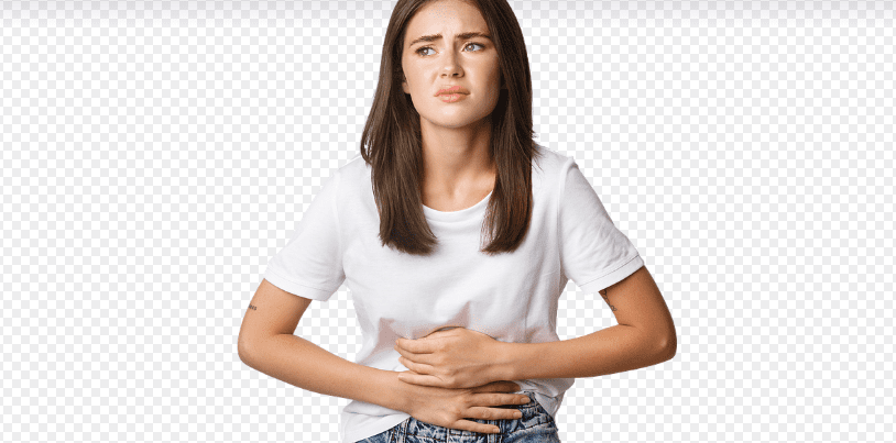 복통을 호소하는 여자고 양손으로 아랫배를 움켜쥐고 있다