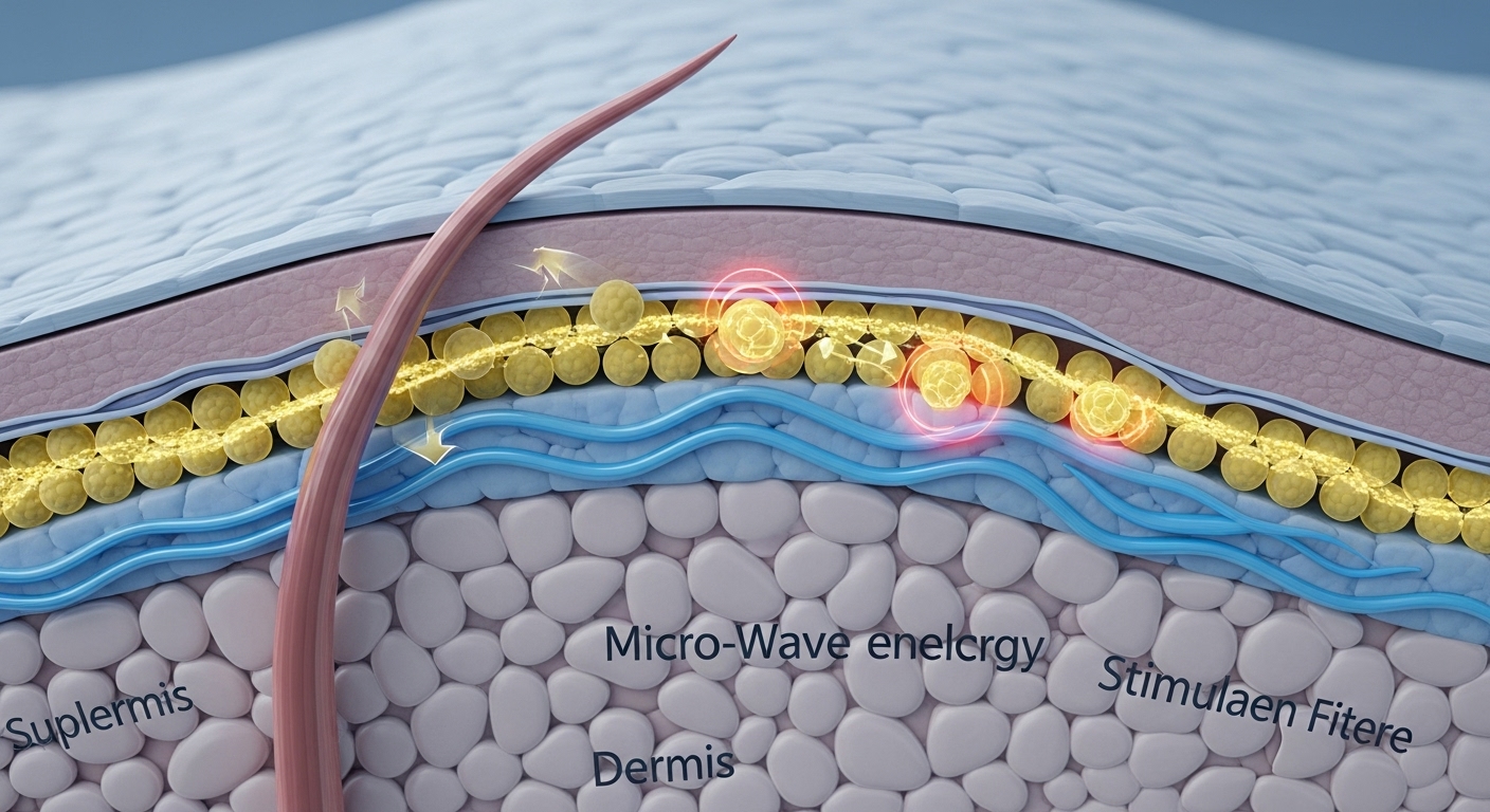 온다리프팅의 마이크로웨이브 에너지가 지방층과 진피층에 선택적으로 작용하여 콜라겐을 재생시키는 피부 단면도.