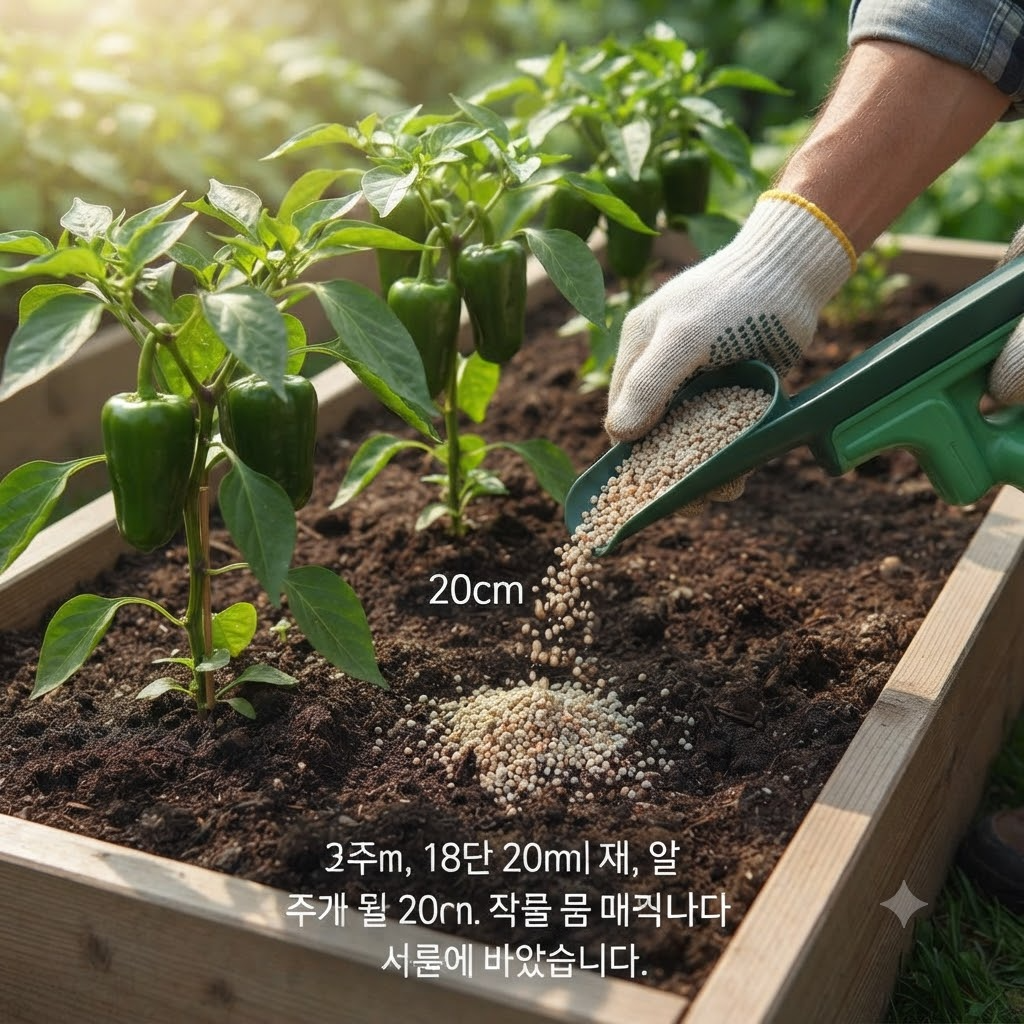 고추 원줄기 밑동에서 20cm 떨어진 포기 사이에 비료 구멍을 파고 적정량의 웃거름을 시비하는 텃밭 현장 실사 사진