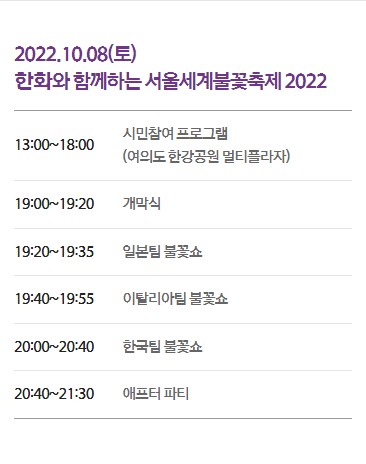 2022 서울세계불꽃축제 시간, 일정, 명당, 도로통제, 지하철 증회 운행