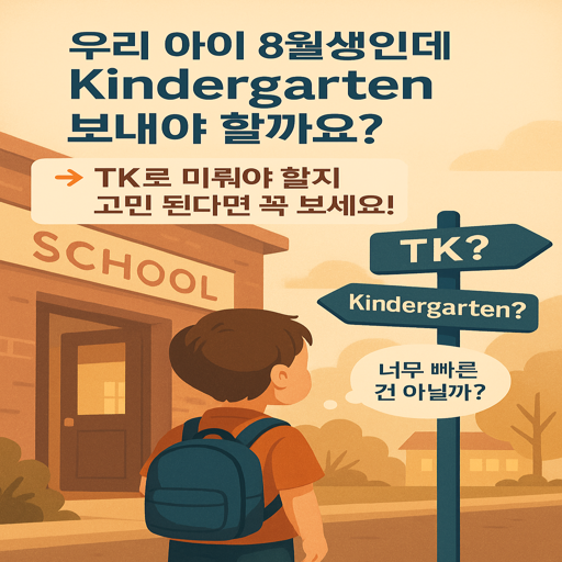 아리가 표지판 앞에 서있다 표지판에는 TK? KINDERGARTEN? 서로 다른 뱡향의 길을 가르키고 있다.