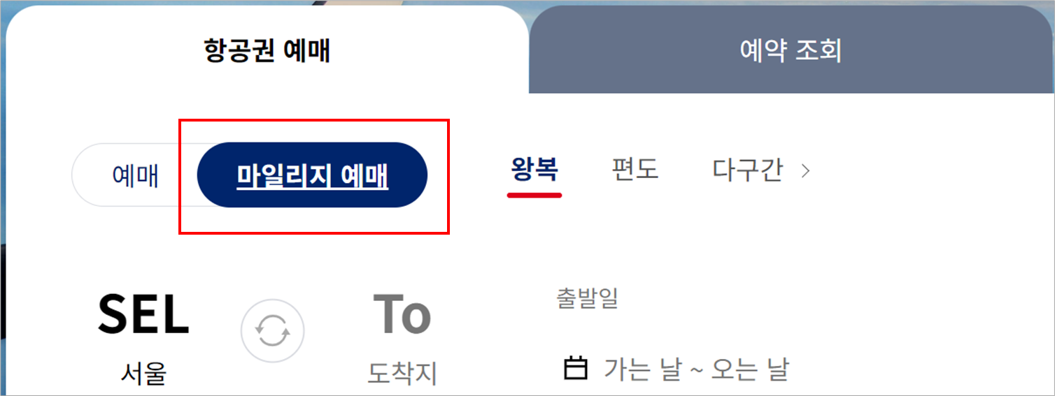 대한항공 웹사이트 마일리지 예매