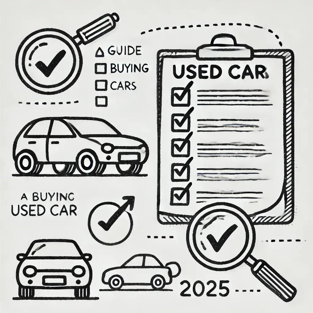 2025년 중고차 구매 전략, 체크리스트와 차량 점검을 강조한 그림.