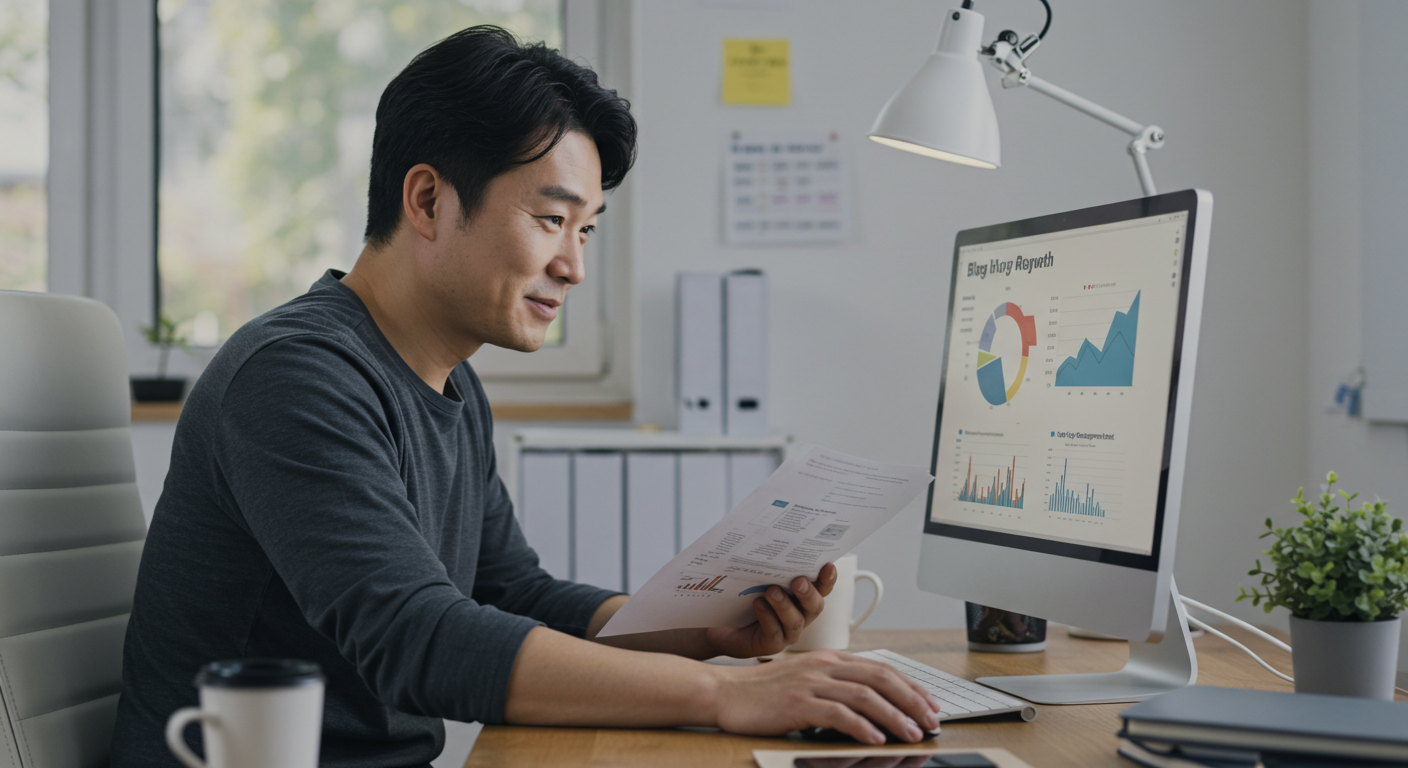블로그 성과를 분석하며 지속 가능한 콘텐츠 전략을 설계하는 모습