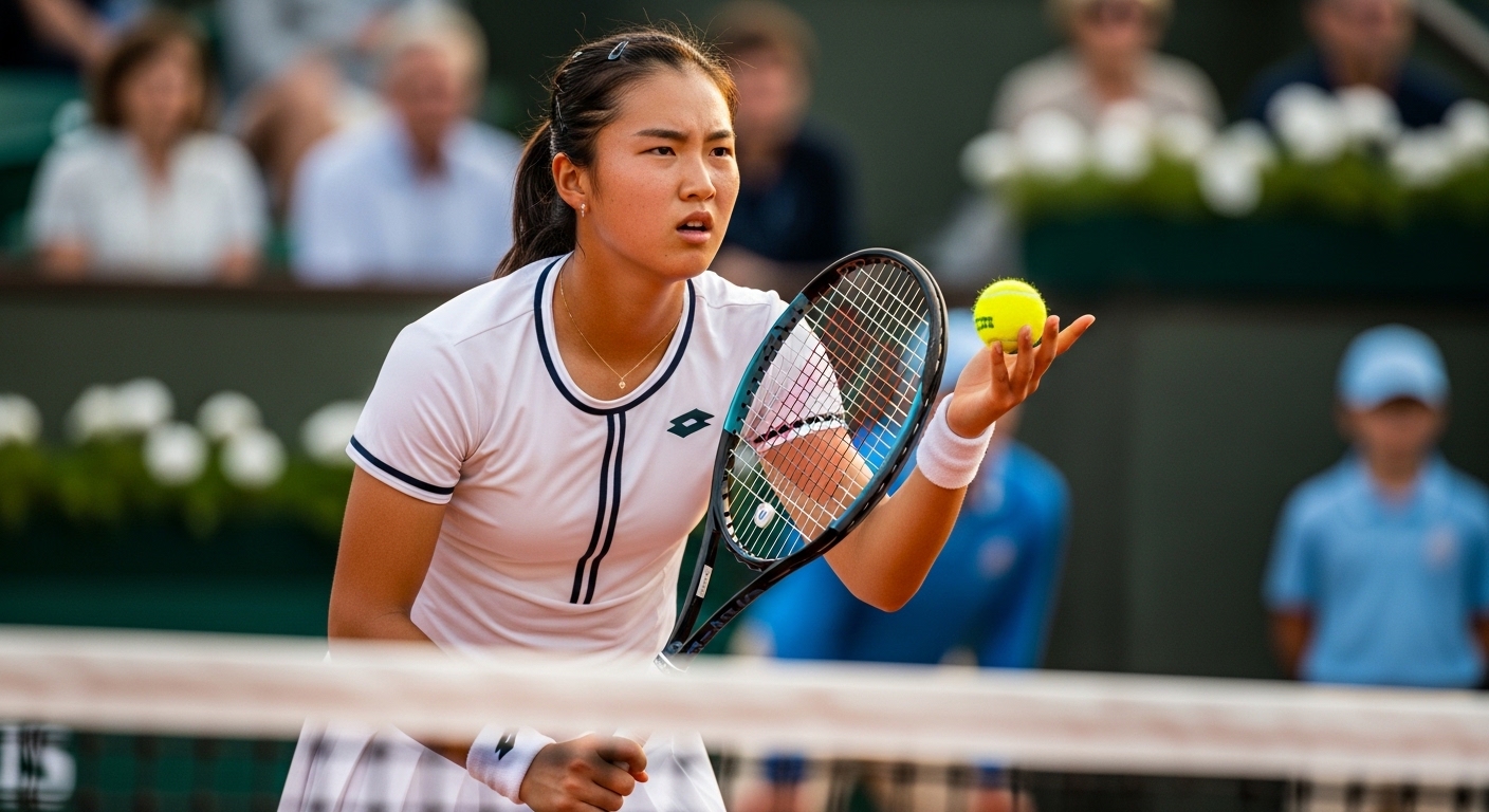 진지한 표정으로 서브를 준비하며 경기에 집중하는 어린 유망주 선수