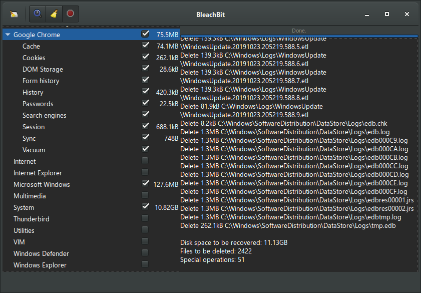 BleachBit 실행 화면