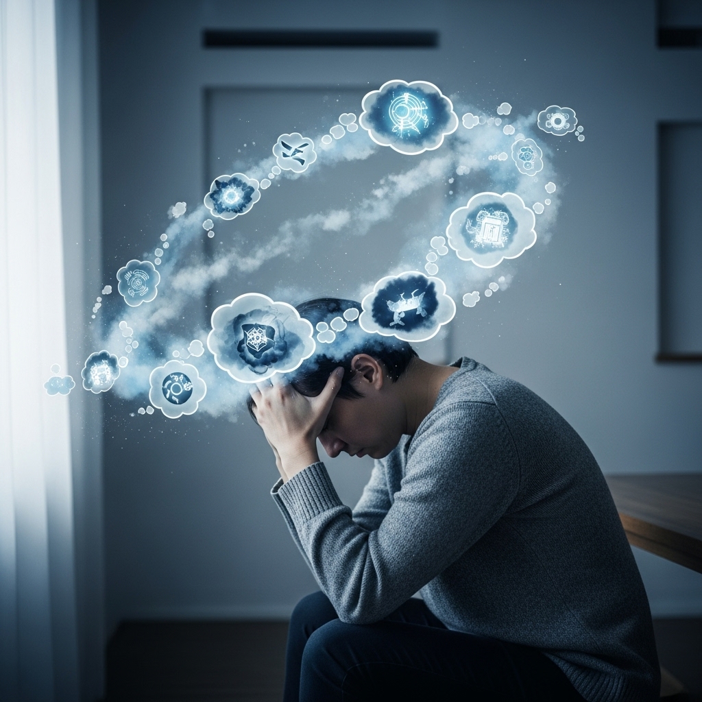 머리를 감싸 쥐고 앉아 복잡한 생각에 잠긴 사람의 모습