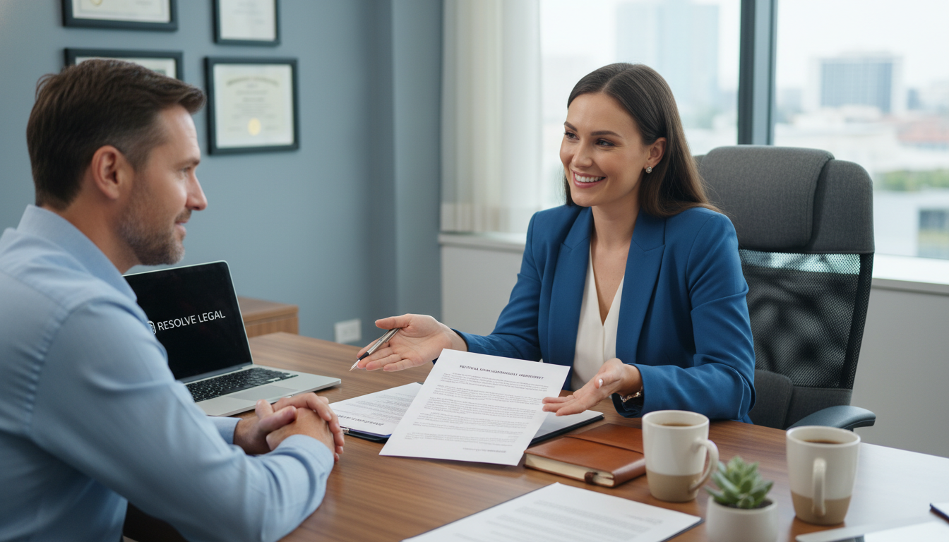 의뢰인과 친절하고 원활하게 소통하며 상담 중인 변호사