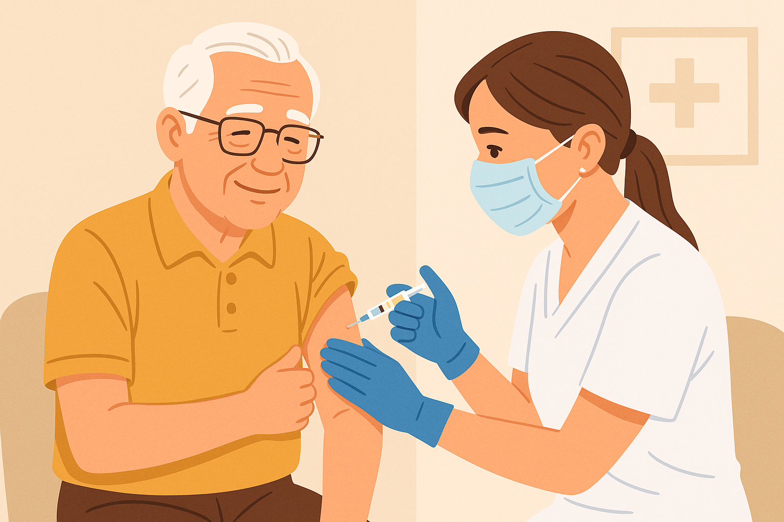 간호사에게 코로나19 백신을 접종받는 고령 남성의 따뜻한 장면