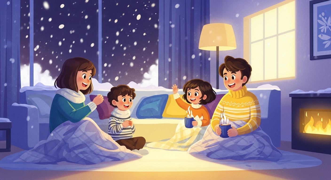 2025년 에너지바우처 확대로 난방비 걱정 없이 따뜻한 겨울을 보내는 다자녀 가족의 행복한 모습.