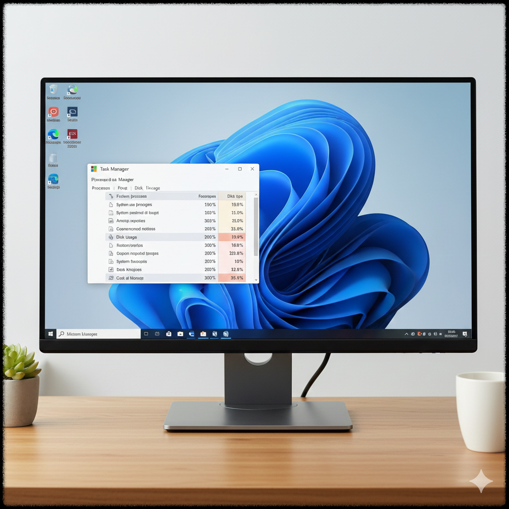 윈도우 11에서 디스크 점유 프로세스를 분석하는 화면