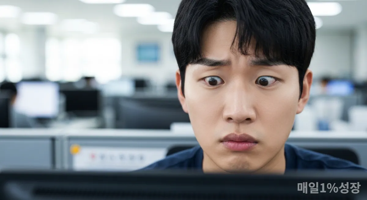 여러 컴퓨터 화면을 보며 혼란스러워하는 젊은 한국 남성의 얼굴