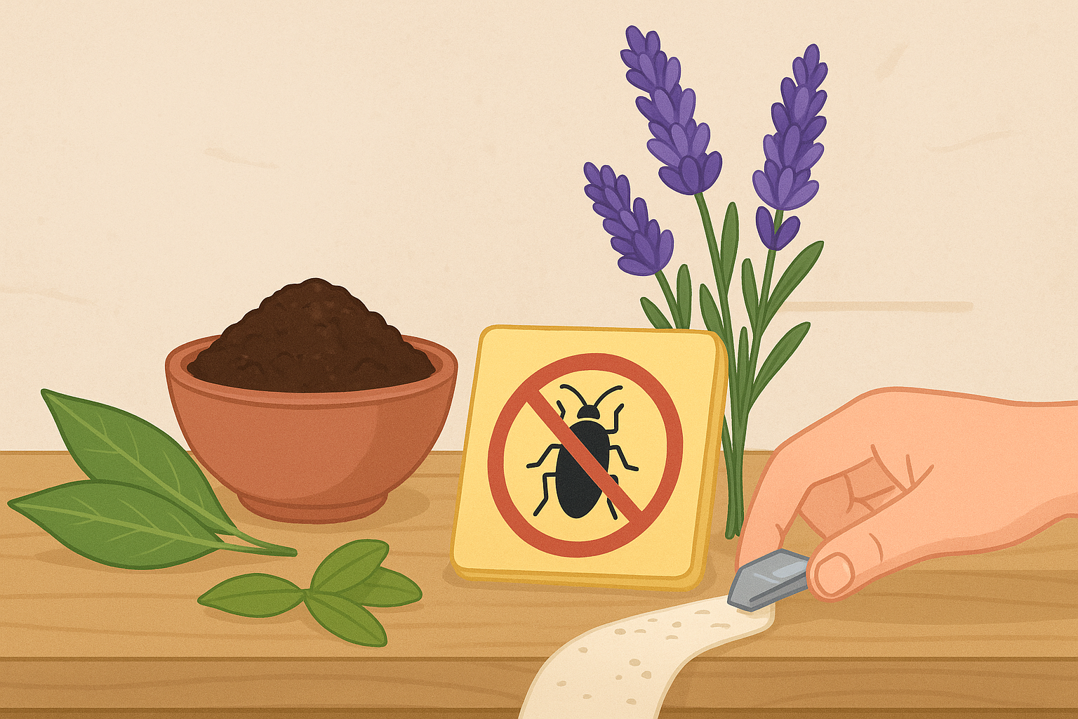 계수잎, 커피 찌꺼기, 라벤더꽃이 나란히 놓인 테이블 위에 바퀴벌레 퇴치용 안내판과 손으로 가루를 뿌리는 모습