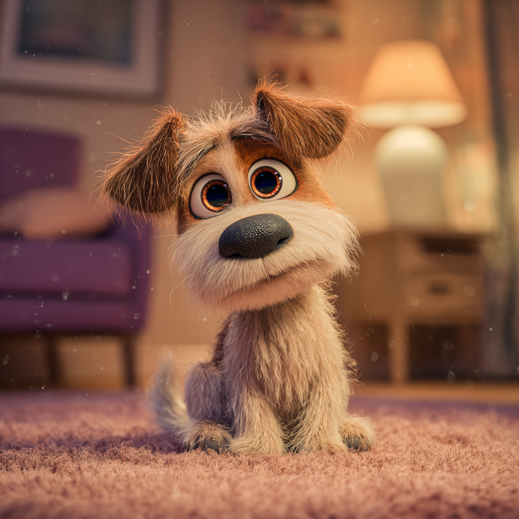 따뜻한분위기의 거실에 앉아있는 강아지, 픽사형 일러스트