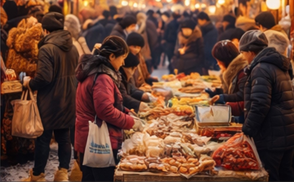 전통시장에서 사람들이 장을 보고 있는 그림