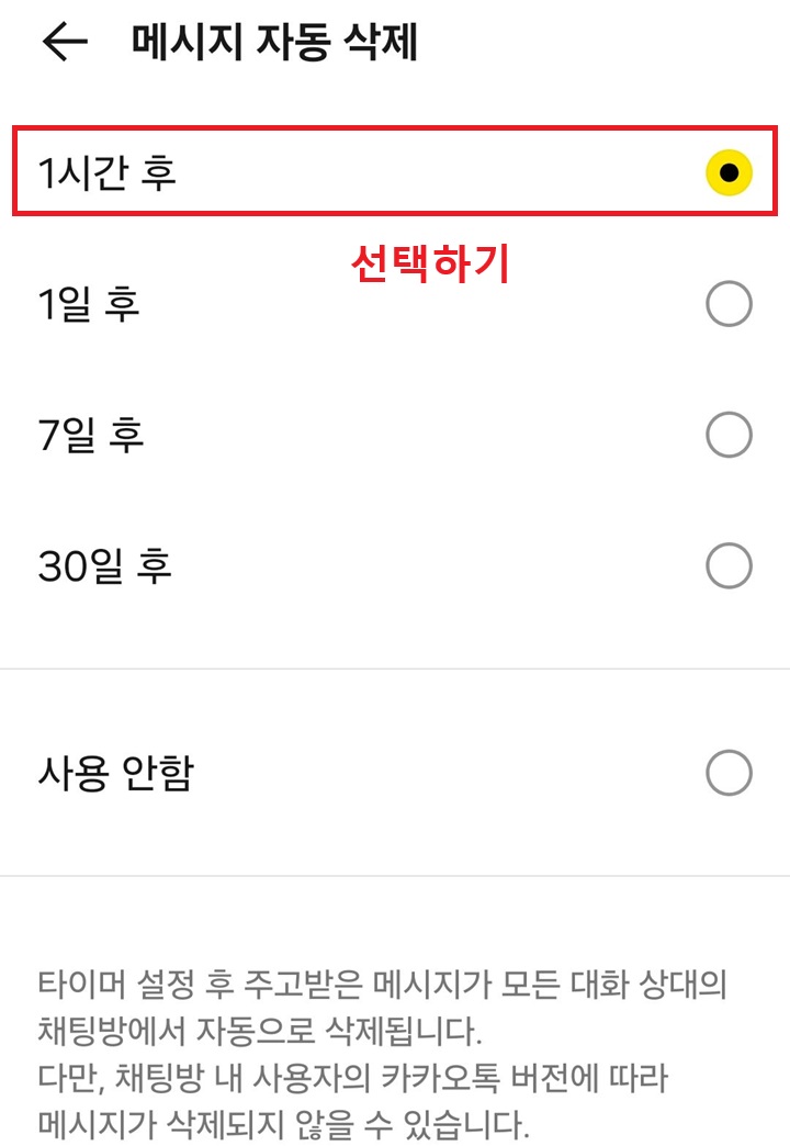 메시지 자동 삭제 설정 페이지 보임. 여기서 시간 선택할수있음