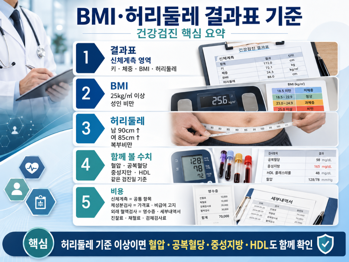 BMI와 허리둘레 결과표 기준을 요약한 건강검진 인포그래픽으로, 신체계측 영역, BMI 25kg/㎡ 이상, 남성 90cm·여성 85cm 기준, 혈압·혈당·지질검사와 비용 문서를 함께 보여주는 이미지