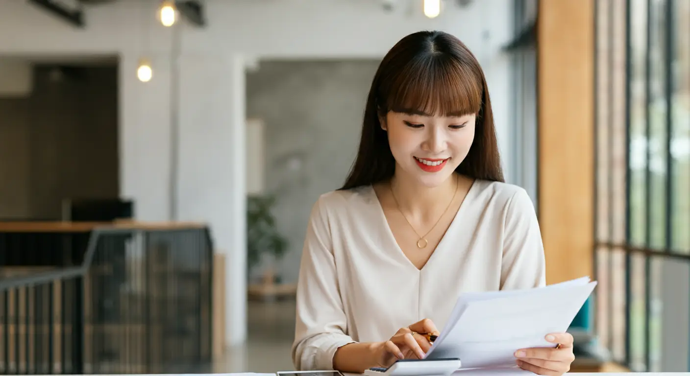 계산기를 사용하는 여성
