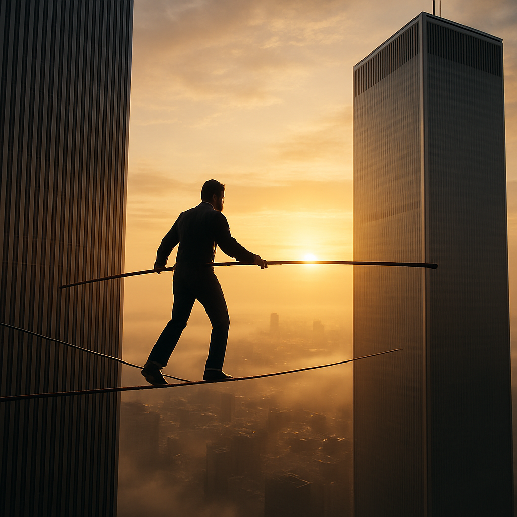 쌍둥이 빌딩 사이에서 외줄을 타고 주인공이 걸어가고 있다.