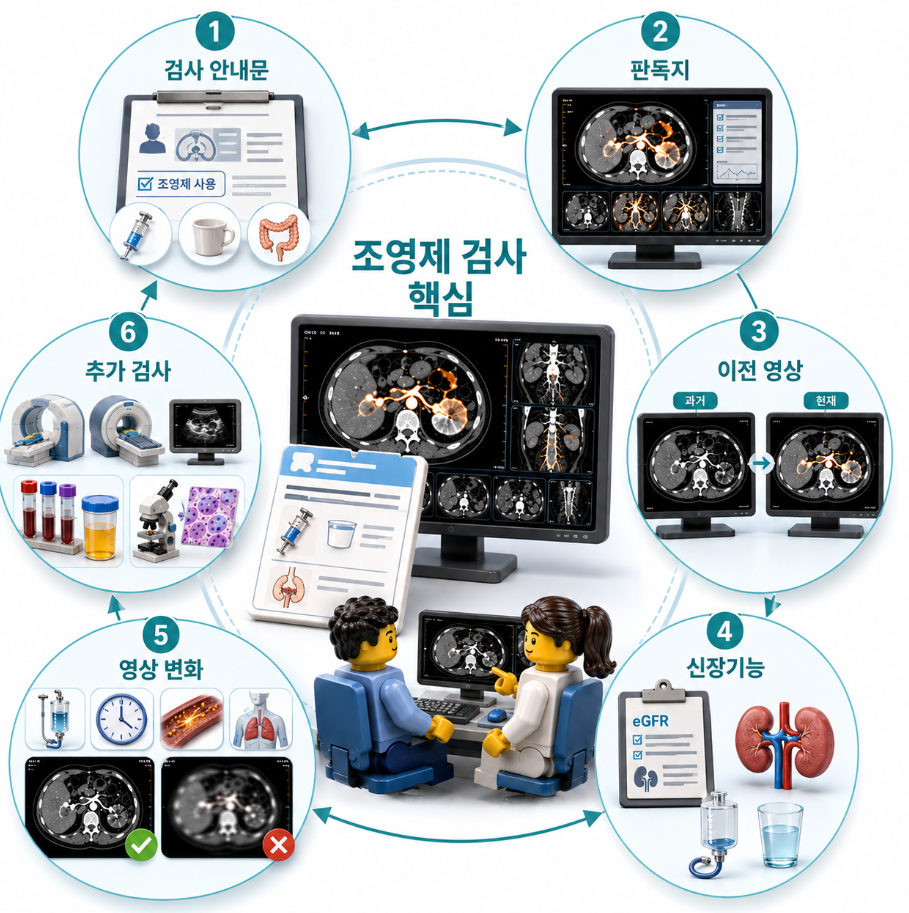 조영제 검사 안내문·판독지·이전 영상·신장기능·영상 변화 조건·추가 검사 핵심 요약