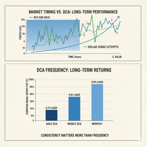 매일, 매주, 매월 DCA 투자의 장기 수익률을 비교한 차트
