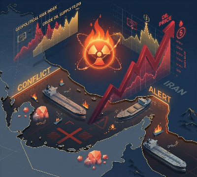 이란 핵 문제와 유가 급등의 상관관계를 보여주는 거시경제 시각화 자료 (Macroeconomic visualization of Iran nuclear issue and oil price surge)