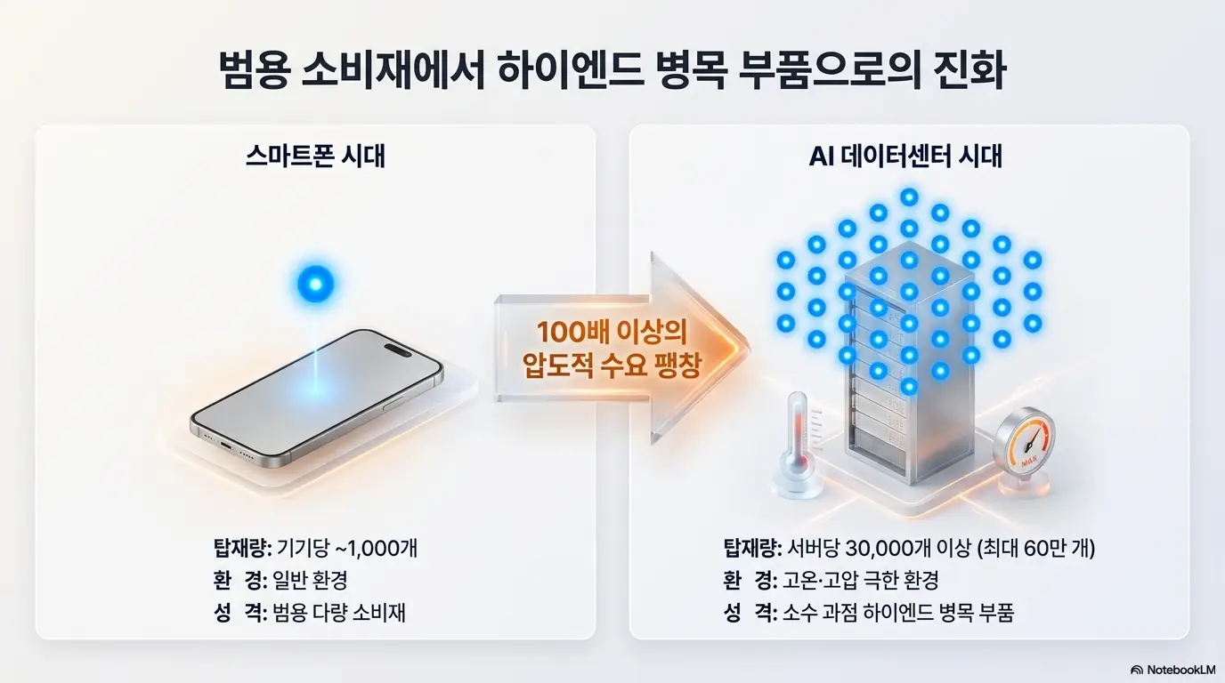 MLCC 관련주: 스마트폰 시대와 AI 데이터센터 시대의 MLCC 탑재량을 비교한 이미지. 기기당 약 1000개이던 탑재량이 AI 서버에서는 3만 개 이상으로 100배 이상 늘어나는 수요 팽창이 표현되어 있다. 이 이미지는 MLCC가 범용 소비재에서 하이엔드 병목 부품으로 진화한 구조를 시각적으로 전달하며&amp;#44; 블로그의 AI 서버 MLCC 수요 주제와 관련된 내용을 설명한다 