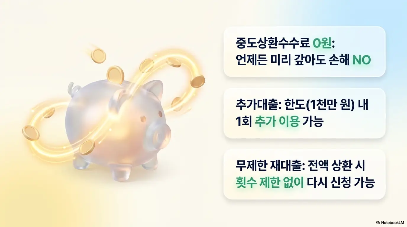 햇살론특례 자격: 중도상환수수료 0원&amp;#44; 한도 1천만 원 내 1회 추가대출&amp;#44; 전액 상환 시 무제한 재대출이라는 세 가지 혜택을 저금통과 함께 정리한 이미지. 이 이미지는 햇살론특례를 미리 갚아도 손해가 없고 남은 한도 안에서 추가대출과 재대출이 가능하다는 점을 시각적으로 전달하며&amp;#44; 블로그의 햇살론특례 추가대출 재대출 조건과 관련된 내용을 설명함 
