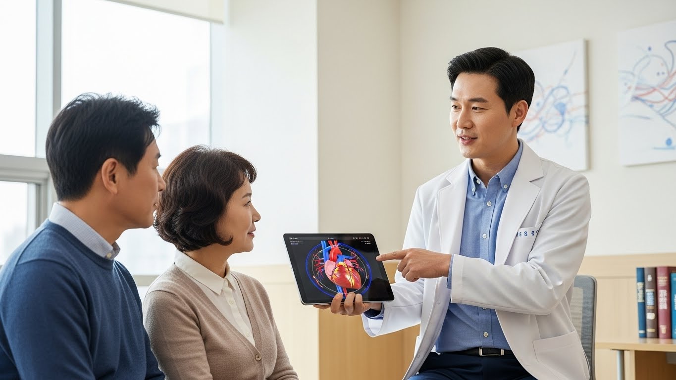 전문의로부터 혈관 건강 상태와 예방 수칙에 대해 상세한 설명을 듣는 한국인 부부