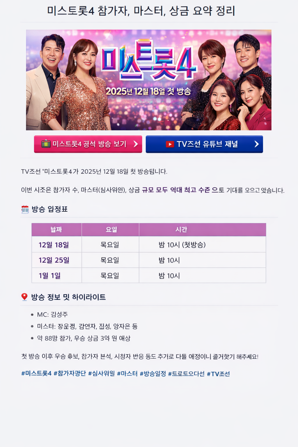 미스트롯4 참가자, 마스터, 상금, 방송 보러가기