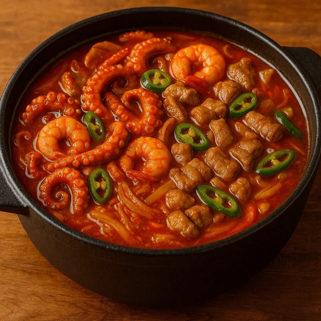 맛있게 잘 끓여진 낙곱새 (낙지곱창새우)