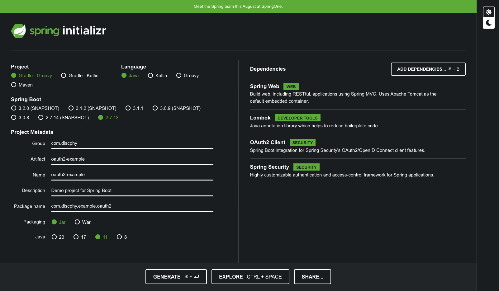 <스프링 부트 프로젝트 생성 페이지에서 예제 프로젝트 설정하는 화면>