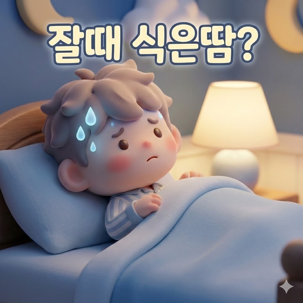 밤에 잠든 귀여운 캐릭터가 식은땀을 흘리며 약간 걱정스러운 표정을 짓고 있는 3D 카툰 일러스트. 쾌적한 침실 분위기 속에서 수면 중 발한의 불편함을 표현합니다.