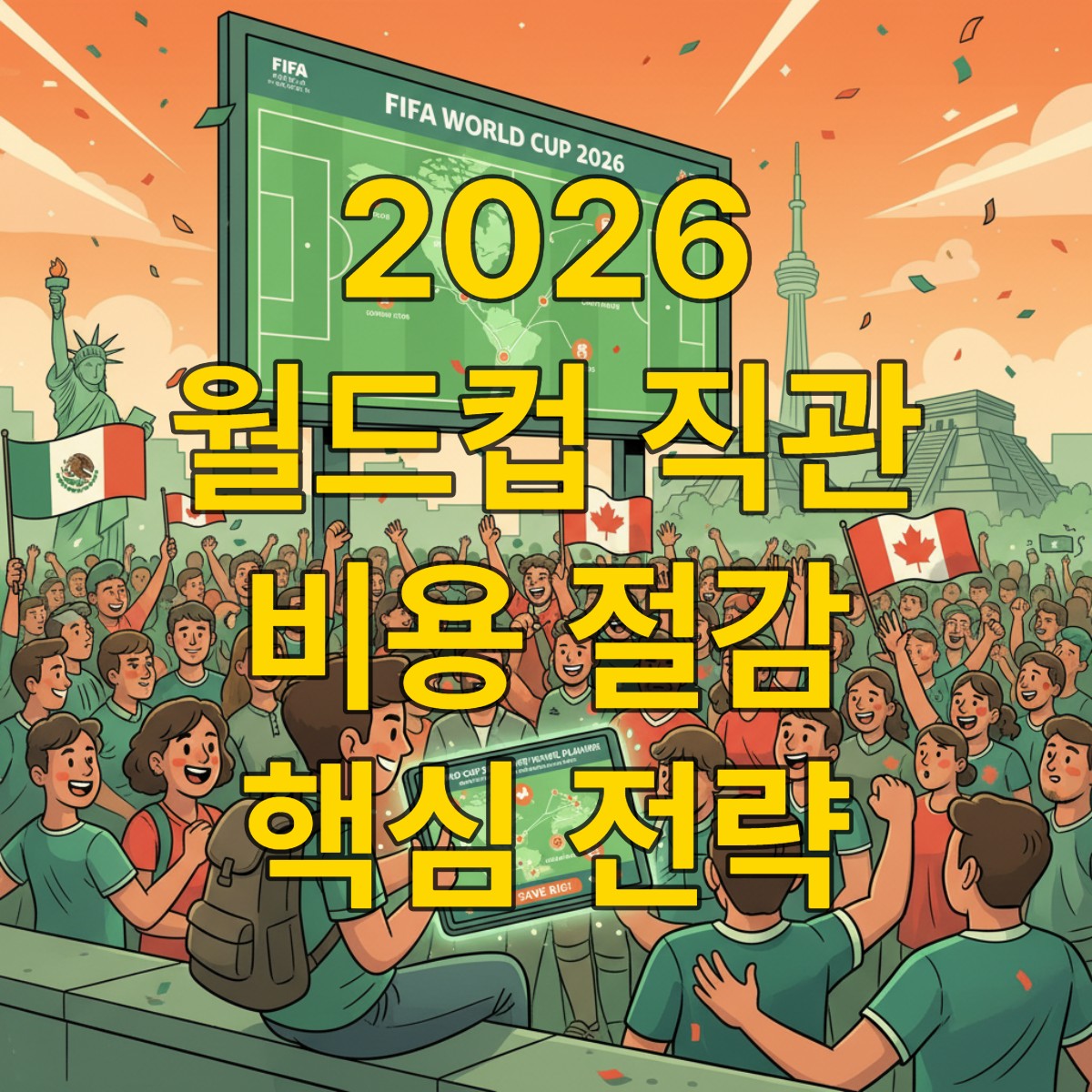 FIFA 월드컵 2026 직관 비용을 절감하기 위해 거점형 여행 전략을 세우는 여행자와 주요 개최 도시들이 표시된 지도