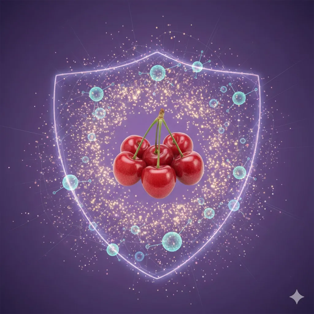 여러 개의 체리 주변으로 항산화 물질을 연상시키는 작은 빛의 입자들이 퍼져나가거나&amp;#44; 세포를 보호하는 듯한 추상적인 그래픽과 함께 체리를 배치합니다. 