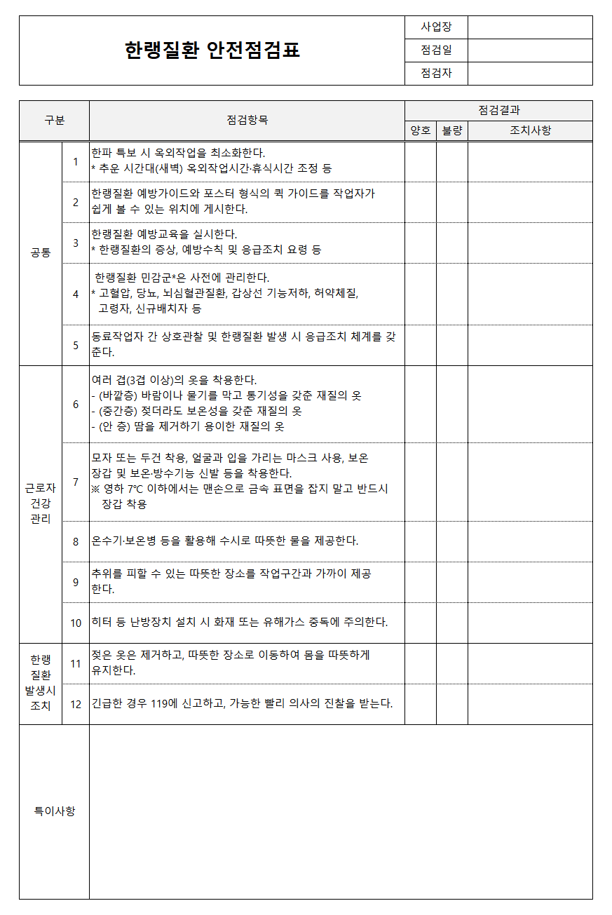 한랭질환 안전점검표