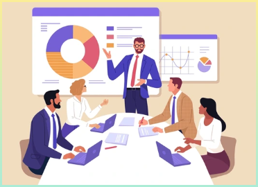 비즈니스 계획 개념입니다. 벡터 일러스트는 다양한 사업가들이 테이블에 그래프를 배경으로 토론을 하는 평면 스타일의 대화입니다.