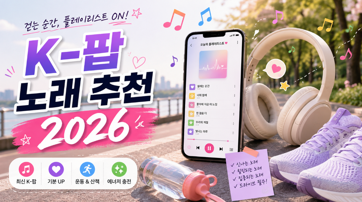 K-팝 노래 추천 2026 운동 산책 기분 전환 플레이리스트를 소개하는 이미지