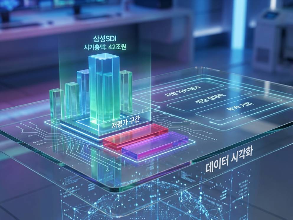 깔끔하고 투명한 유리 테이블 위에 삼성SDI의 시가총액 42조 원 규모와 밸류에이션 저점 구간을 나타내는 3D 바 차트가 빛나고 있는 인포그래픽