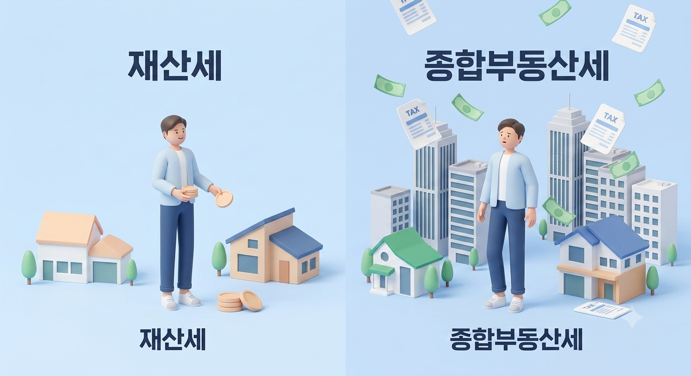 왼쪽은 단일 주택에 동전을 내는 재산세를, 오른쪽은 다주택 및 고가 빌딩에 무거운 세금 고지서가 쏟아지는 종합부동산세를 대비하여 두 세금의 구조적 차이를 명확히 보여주는 3D 일러스트