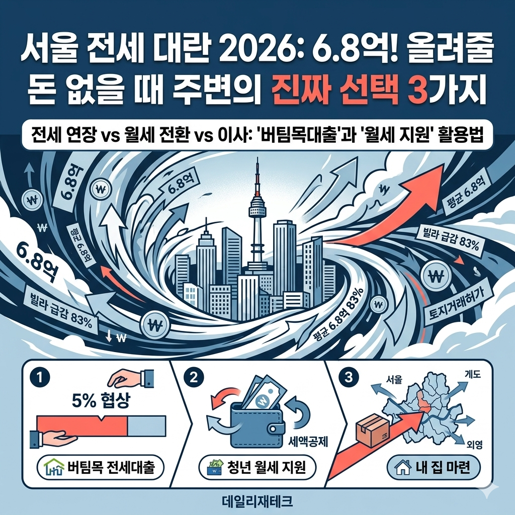 서울 전세 대란 2026 &mdash; 평균 6.8억인데 올려줄 돈 없는 직장인, 주변에서 실제로 선택한 방법은?