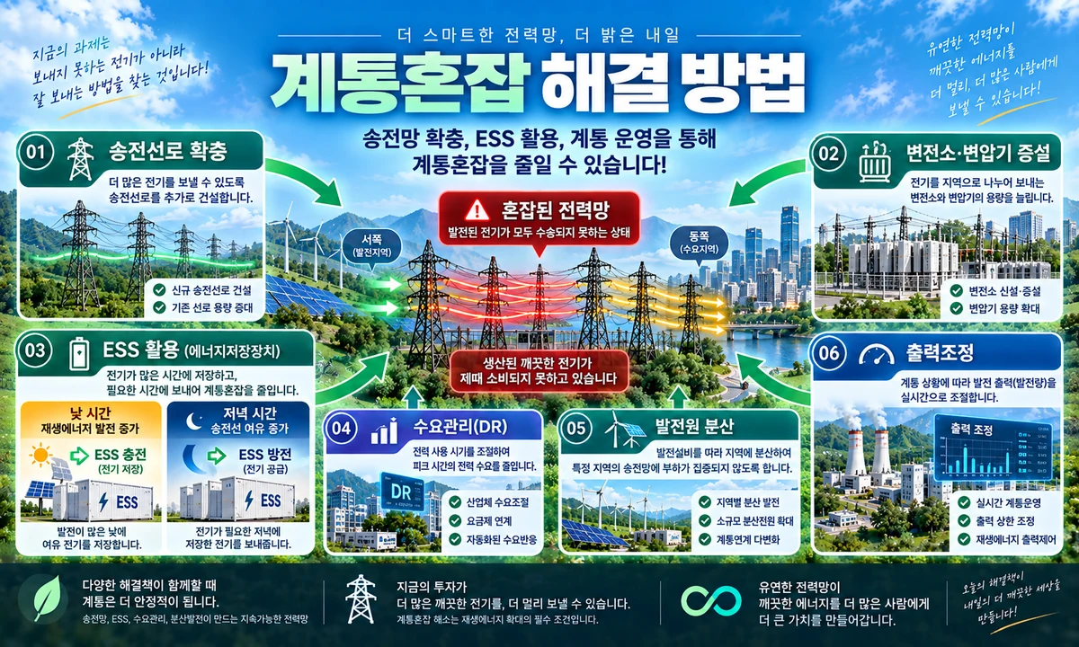 재생에너지 발전 증가로 송전선로 용량이 부족해지고 ESS 충전이나 출력제어가 필요한 계통혼잡 과정