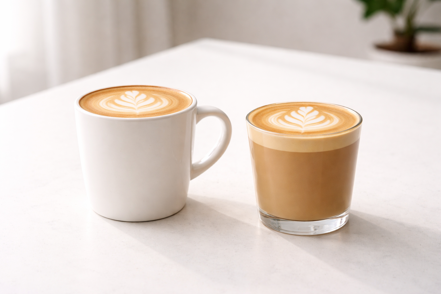카페라떼와 플랫화이트 두 잔을 비교해 보여주는 우유 커피 이미지