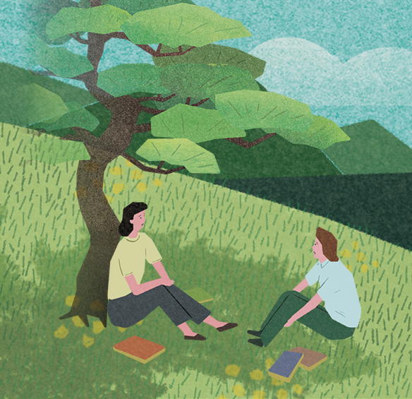 성인문해교육 e-학습터: 언덕 위 나무아래 두 사람