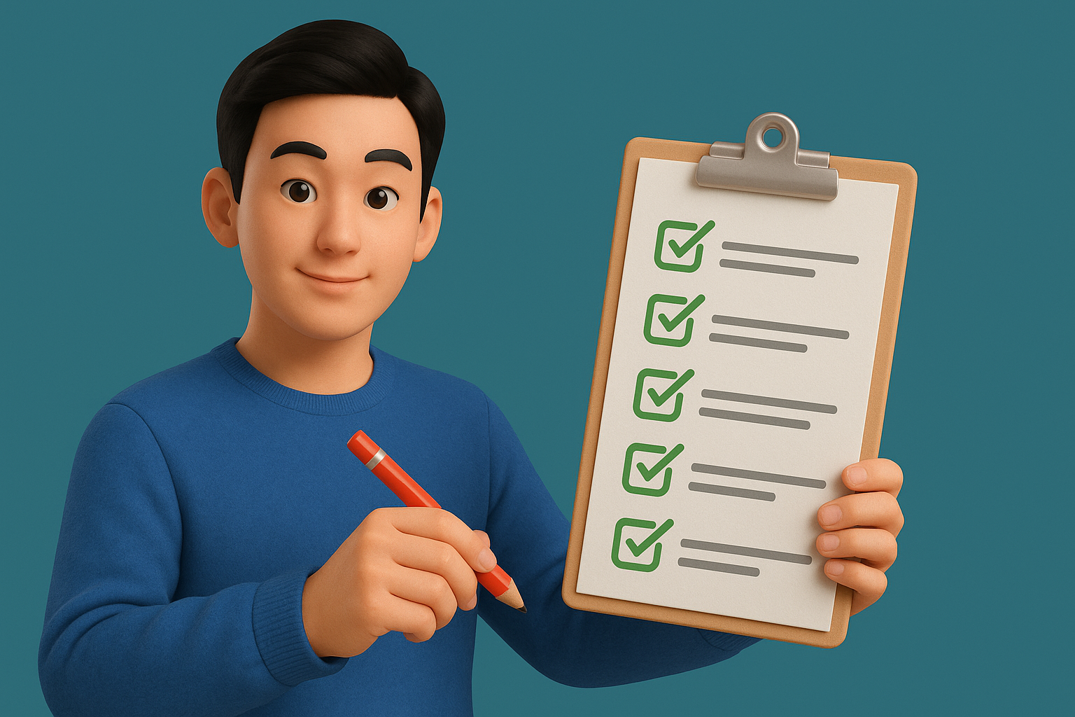 건장한 남자가 5가지 체크리스트 보드를 들고 있는 이미지