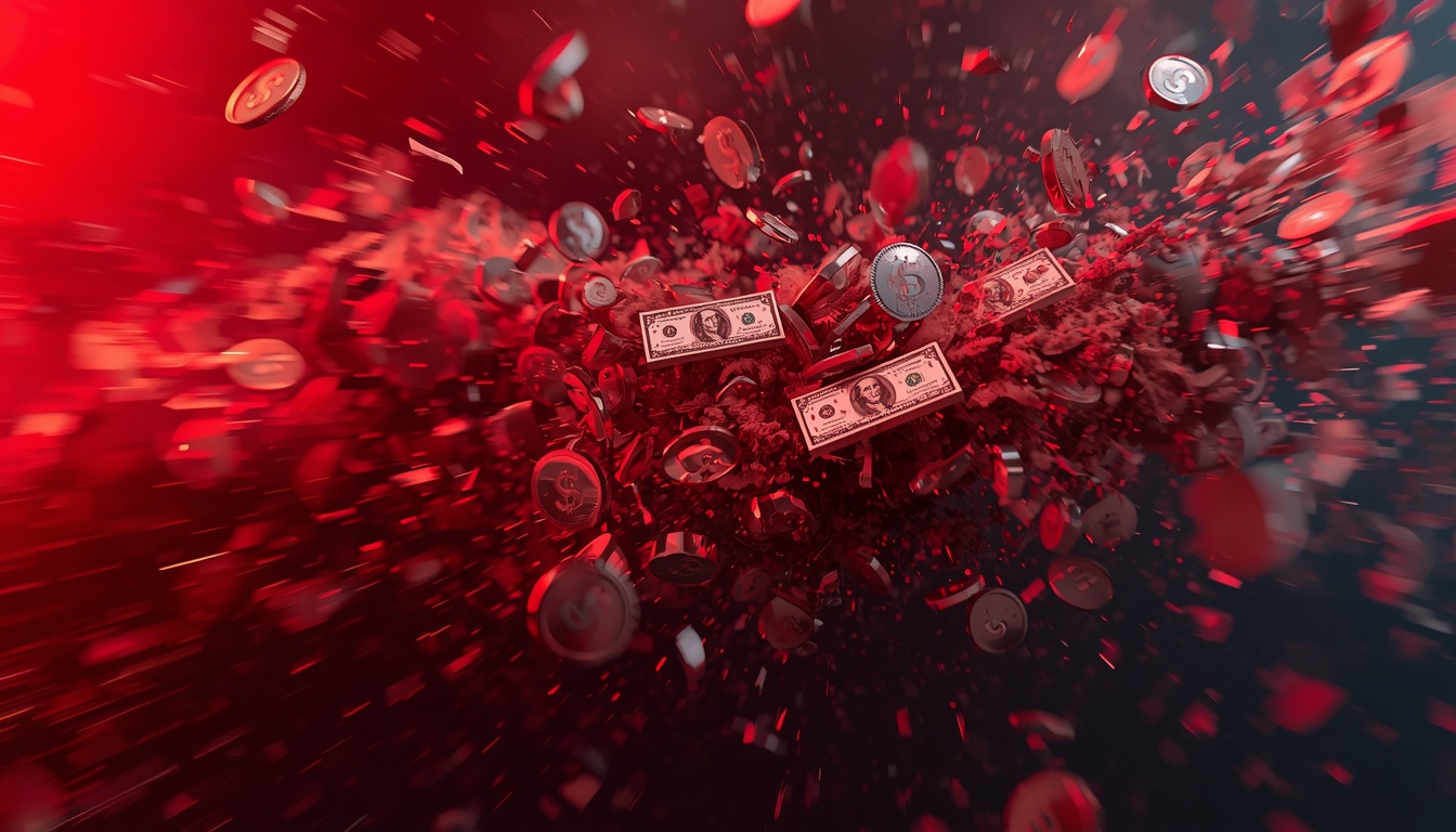 Abstract digital illustration of a stock market crash and crumbling financial symbols.