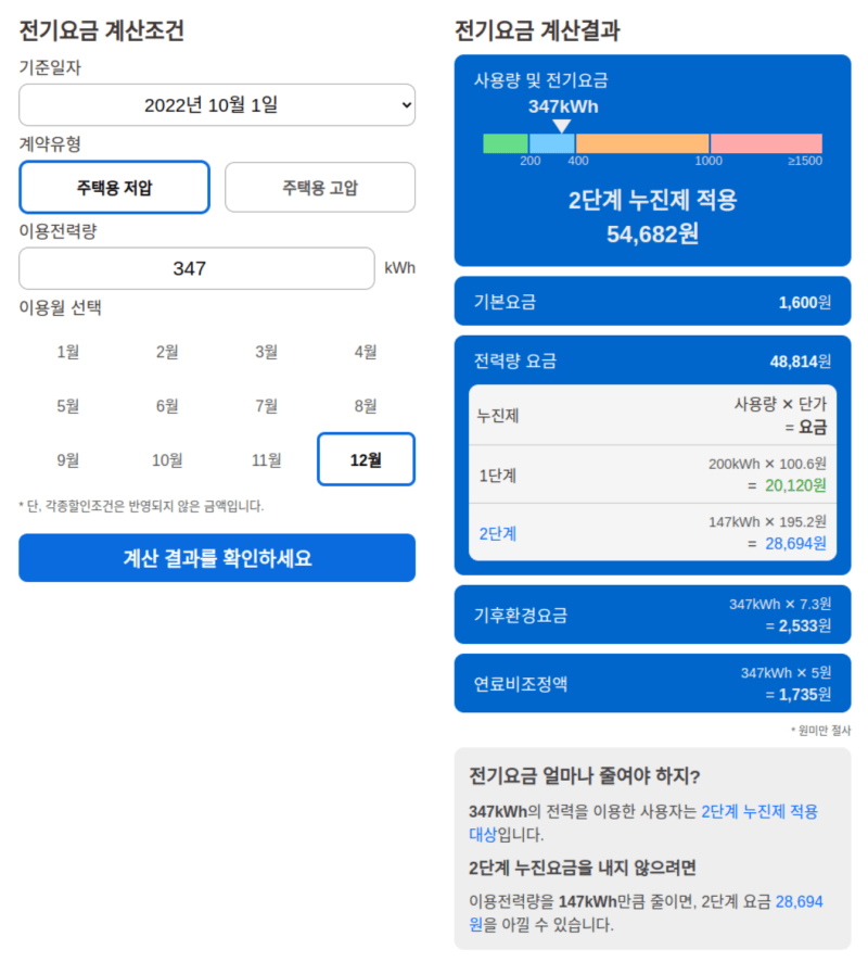 2022년 4분기 347kWh 이용시 전기요금